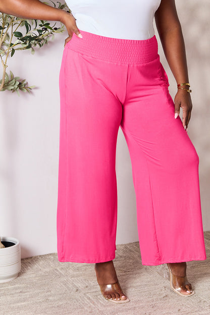 Double Take Full Size Smocked Wide Waistband Wide Leg Pants - Pants - FITGGINS