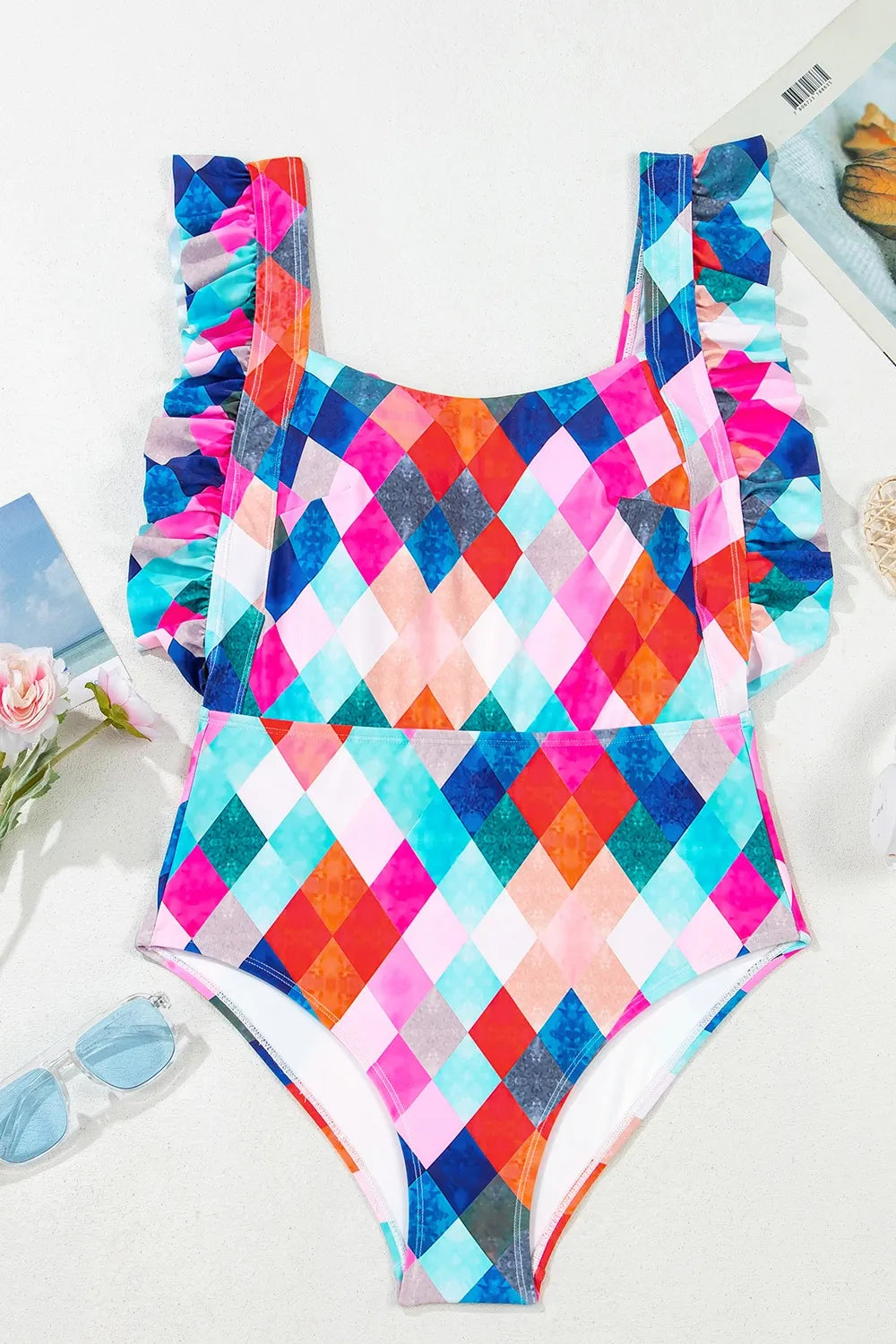 Multicolor Plaid Print Frill Backless One-Piece Swimwear Fitggins