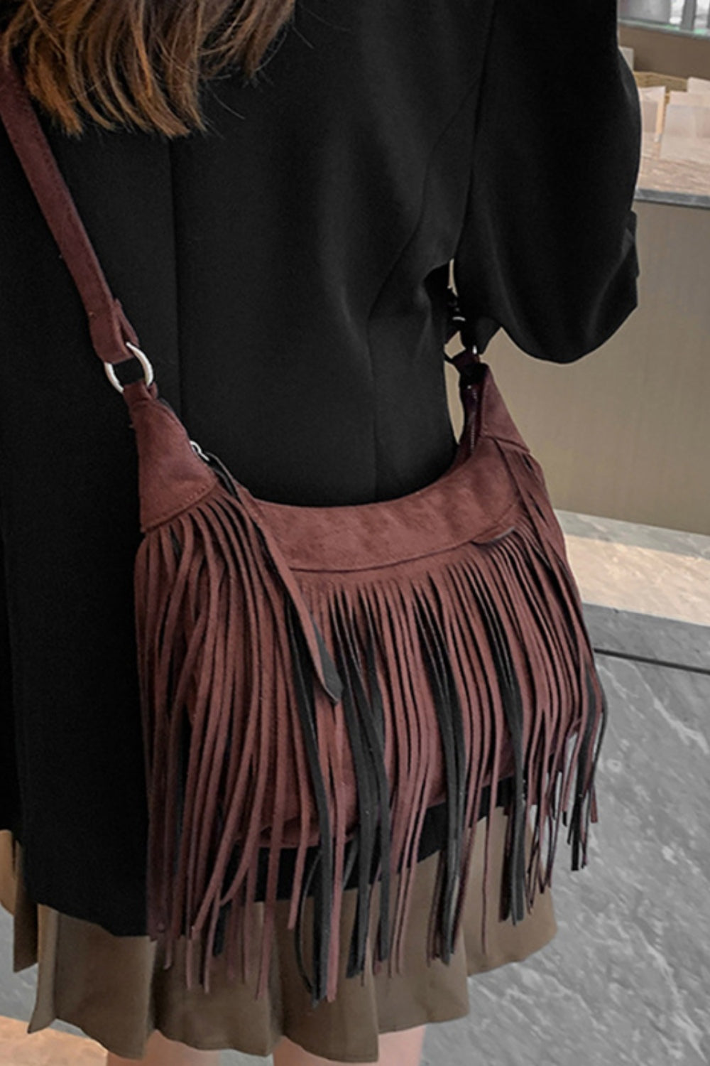 Suede Fringe Adjustable Strap Shoulder Bag - Handbag - FITGGINS