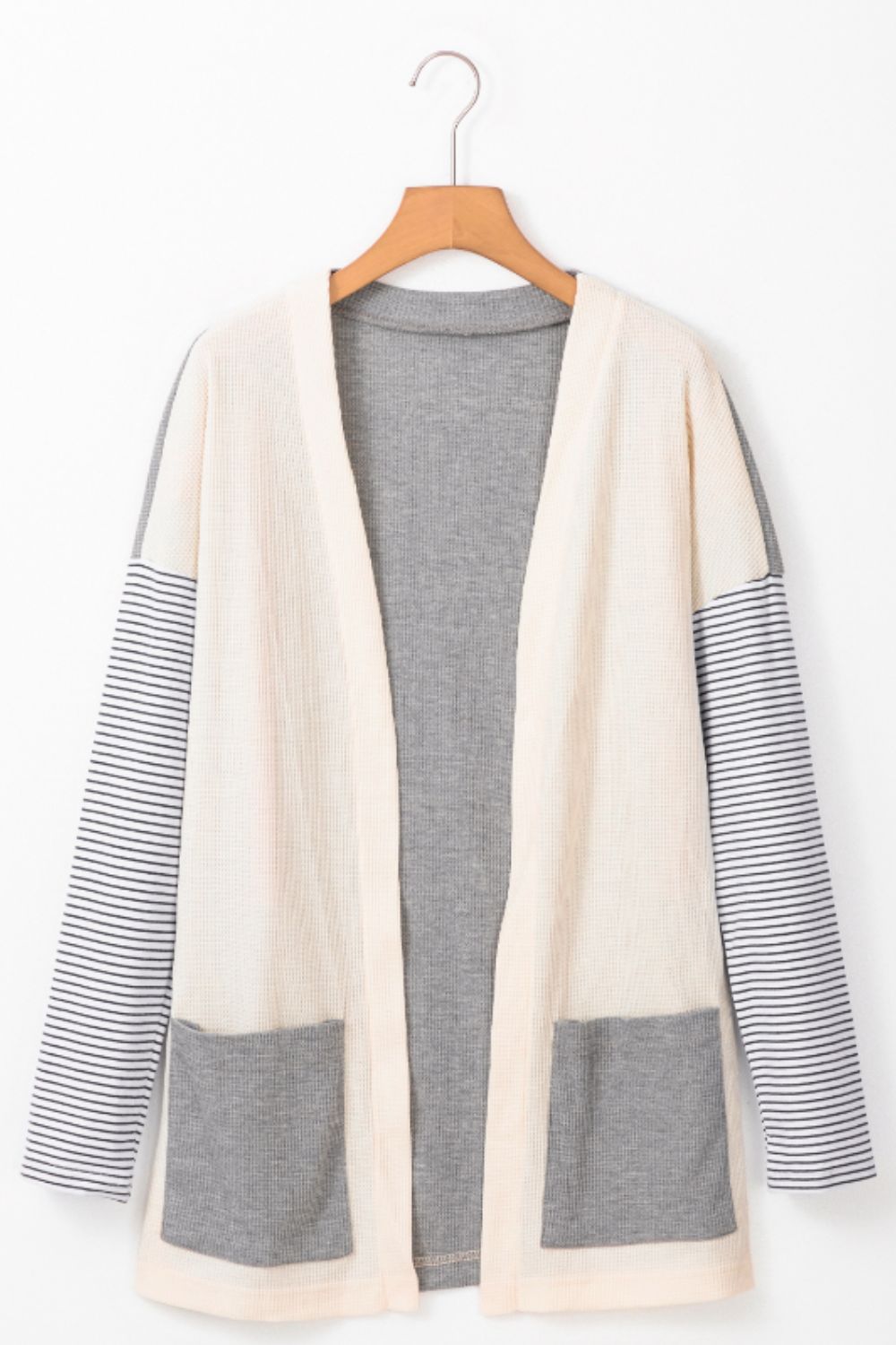 Open Front Long Sleeve Striped Cardigan with Pockets - Cardigans - FITGGINS