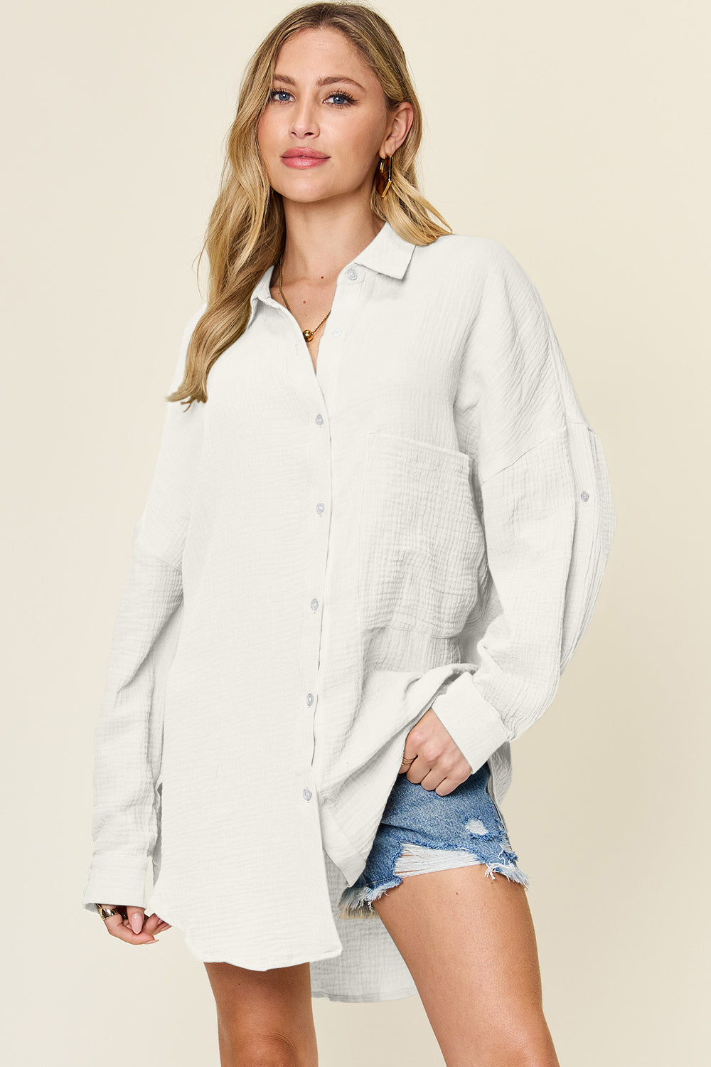 Double Take Full Size Pocketed Texture Button Up Shirt - Shirts - FITGGINS