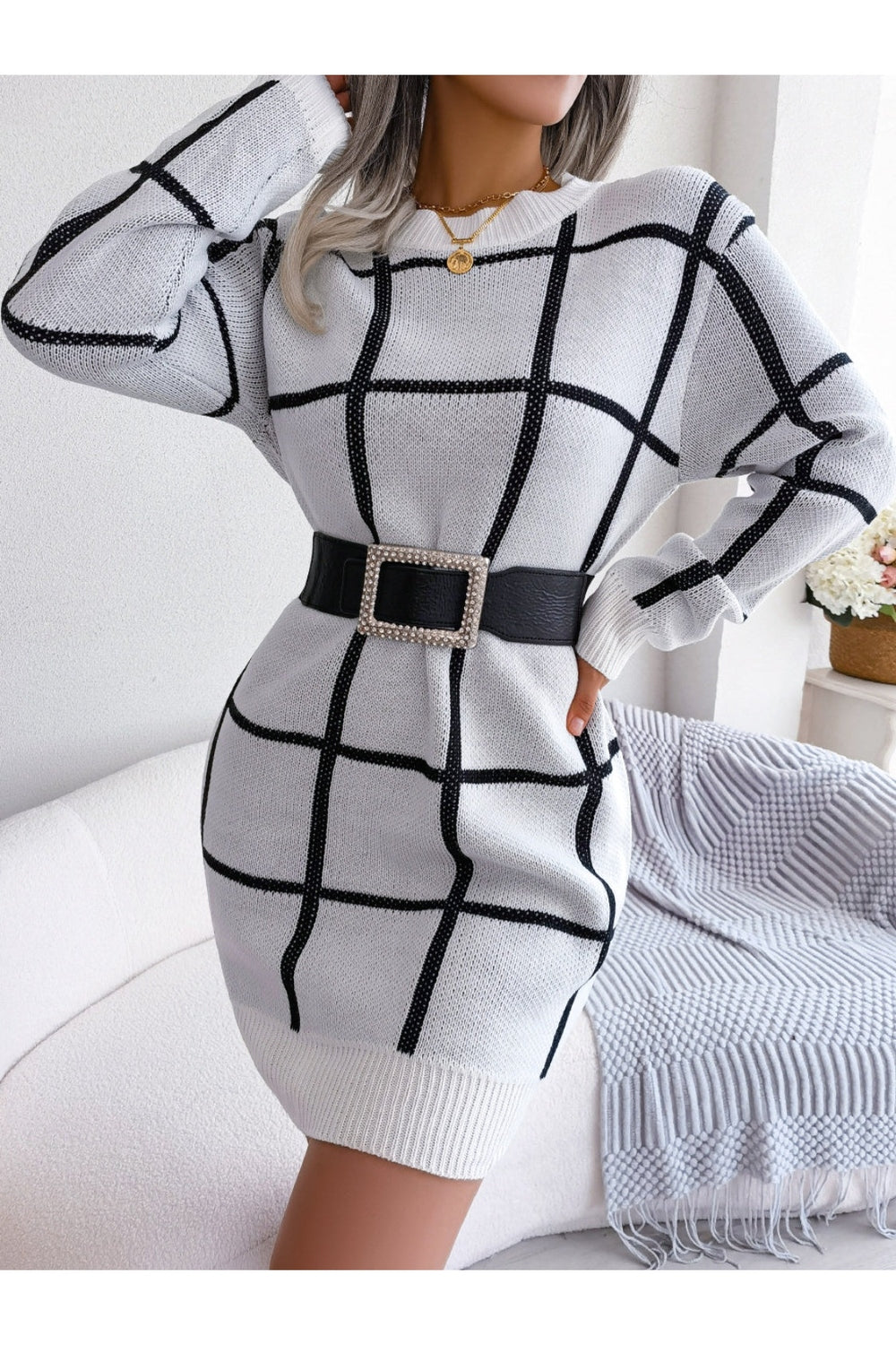 Plaid Round Neck Dropped Shoulder Sweater Dress - Sweater Dresses - FITGGINS