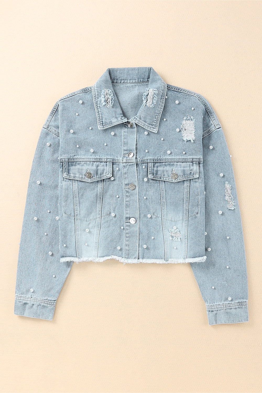 Distressed Pearl Trim Button Up Denim Jacket - Denim Jackets - FITGGINS