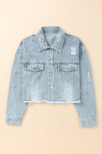 Distressed Pearl Trim Button Up Denim Jacket - Denim Jackets - FITGGINS