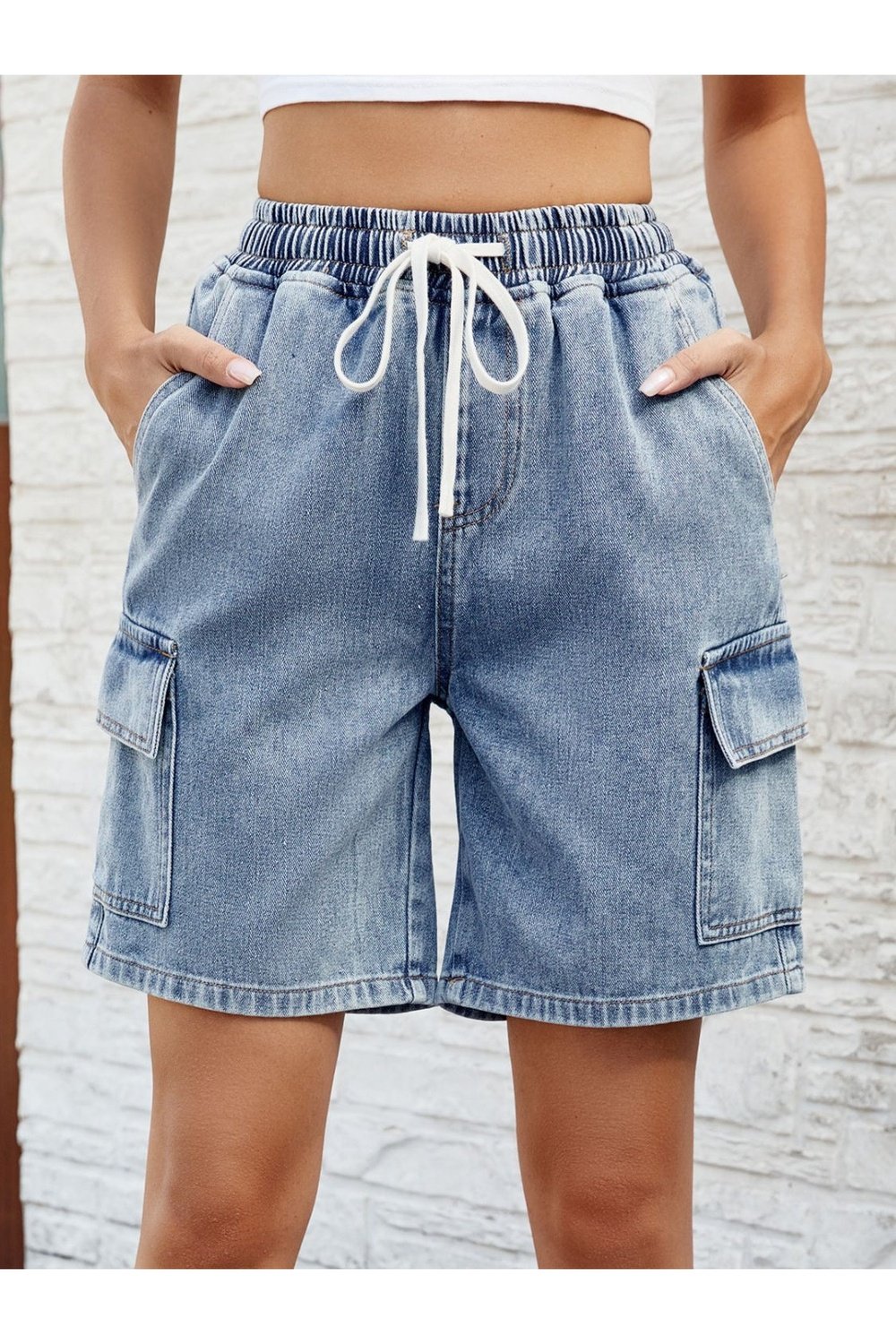 Drawstring Denim Shorts with Pockets - Denim Shorts - FITGGINS