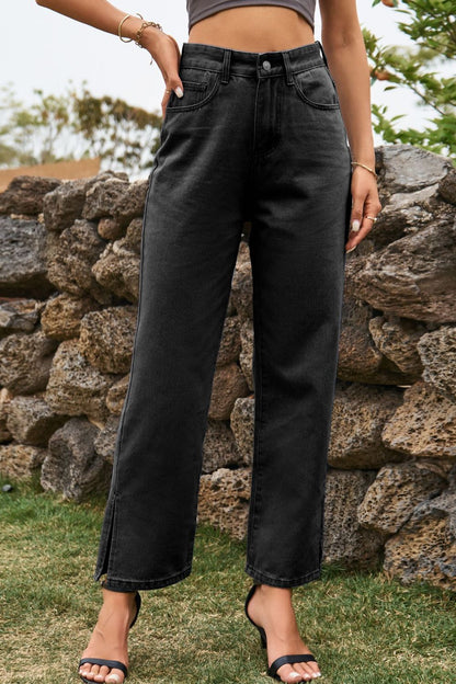 High Waist Loose Fit Ankle Slit Jeans Dark Fitggins