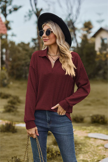Collared Neck Cable-Knit Long Sleeve Blouse Fitggins