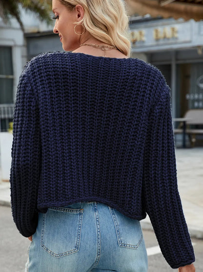 Round Neck Button Up Cardigan with Pockets Dark Blue Fitggins