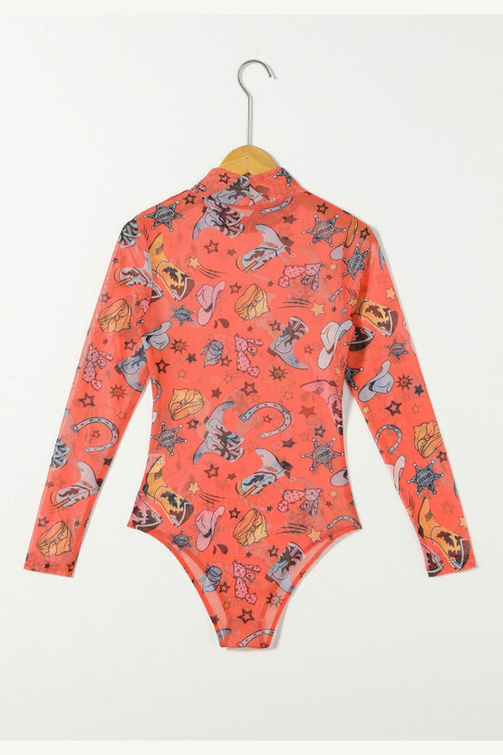 Printed Mock Neck Long Sleeve Bodysuit - Bodysuit - FITGGINS