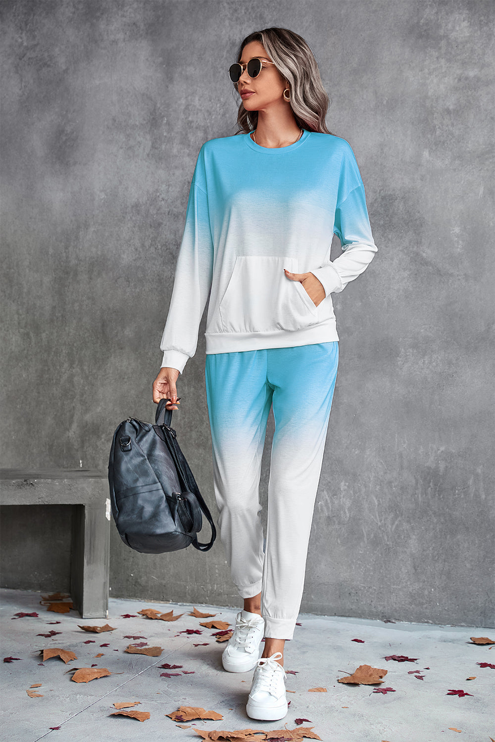 Gradient Round Neck Sweatshirt and Joggers Set - Active Set - FITGGINS