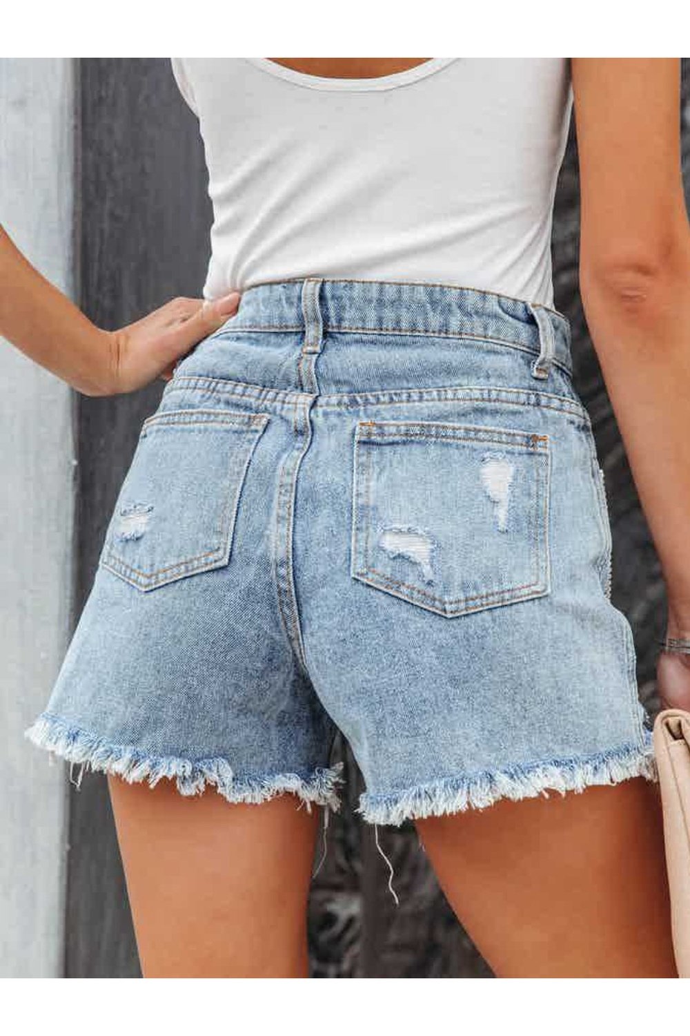 Distressed Fringe Denim Shorts with Pockets - Denim Shorts - FITGGINS