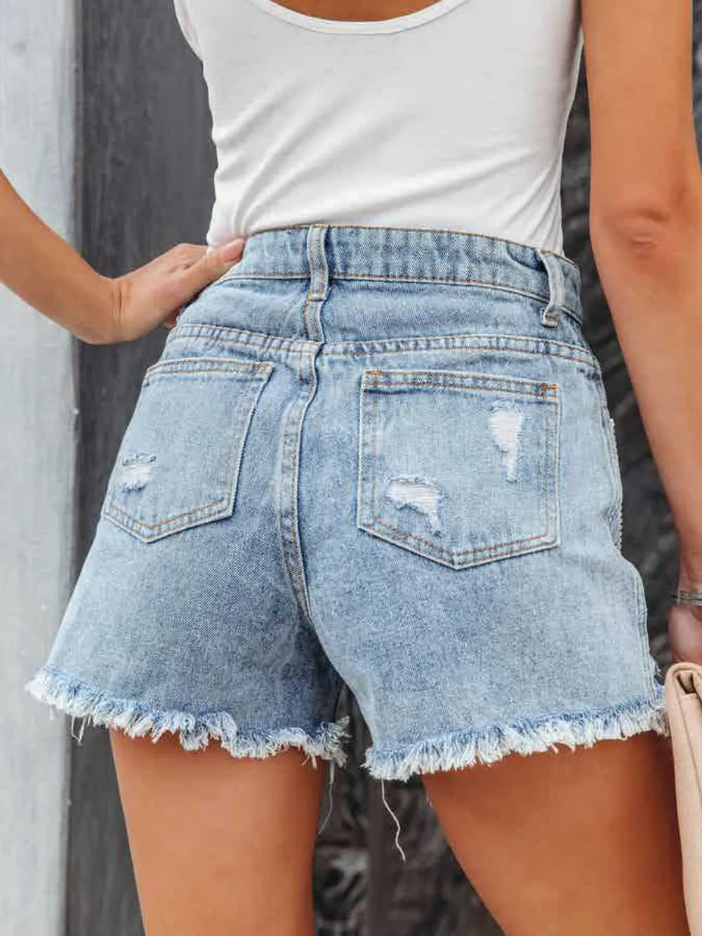 Distressed Fringe Denim Shorts with Pockets Light Fitggins