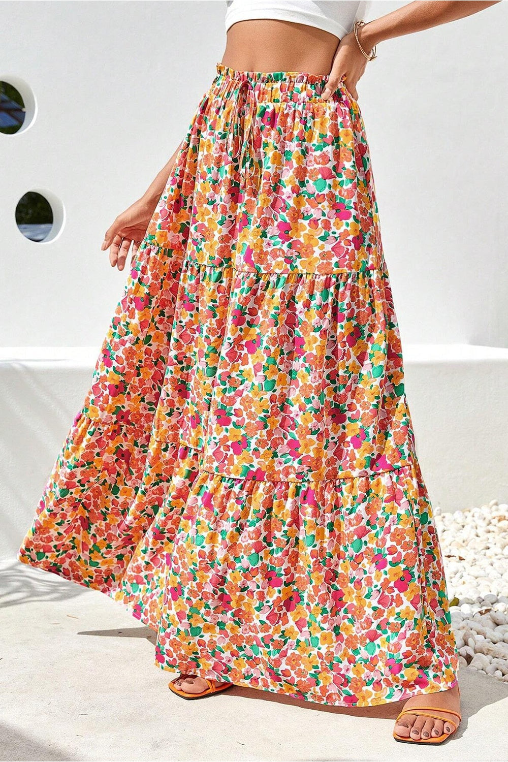 Printed Elastic Waist Maxi Skirt - Shirts - FITGGINS