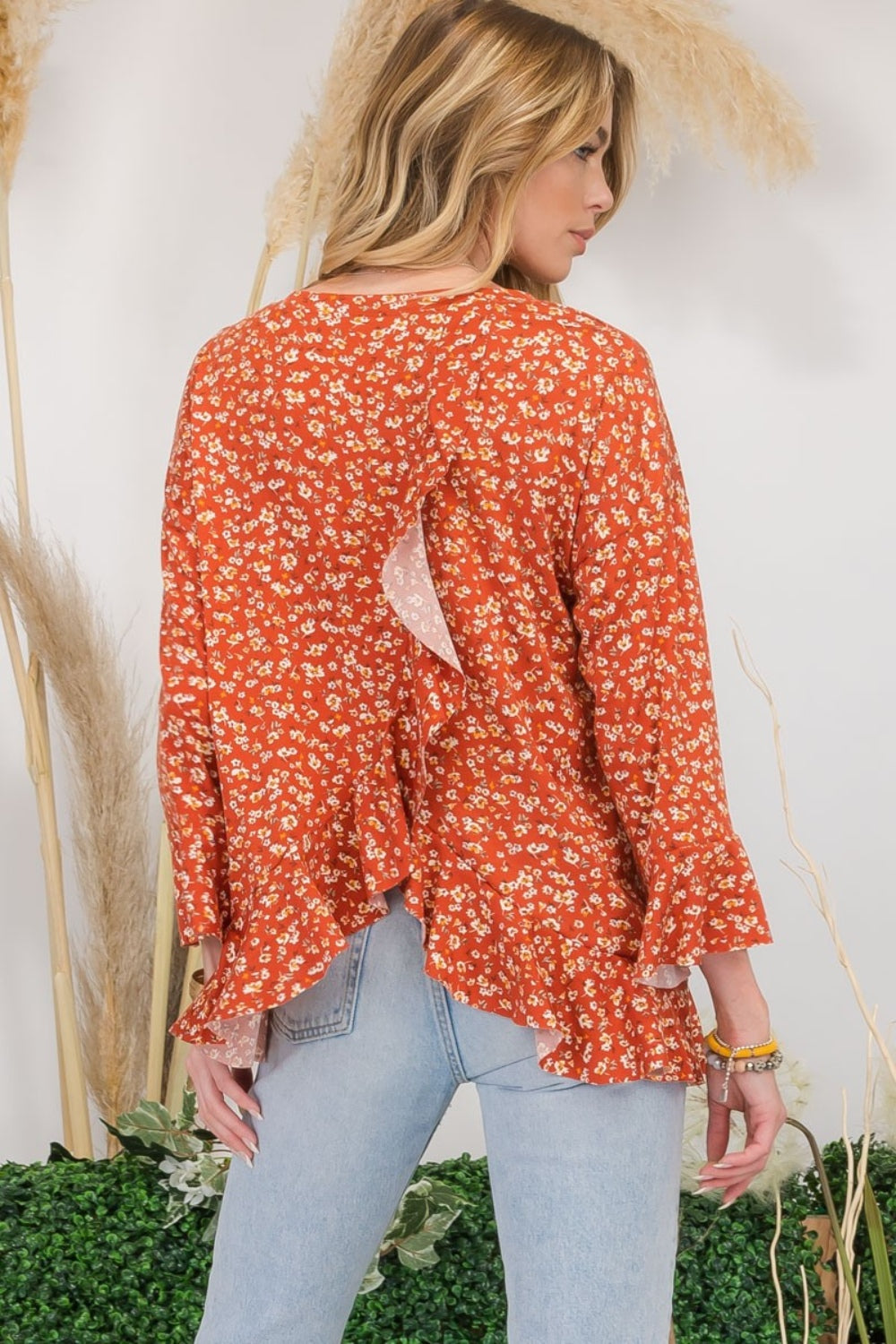 Celeste Full Size Floral Ruffle Detail Top - Shirts - FITGGINS