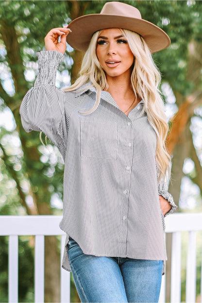 Striped Lantern Sleeve Collared Shirt - Shirts - FITGGINS