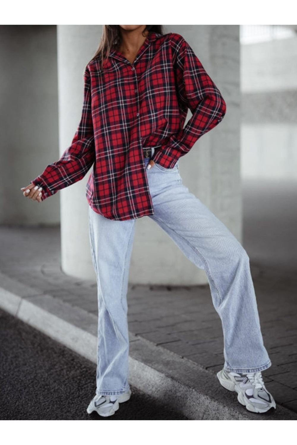 Plaid Collared Neck Long Sleeve Shirt - Shirts - FITGGINS