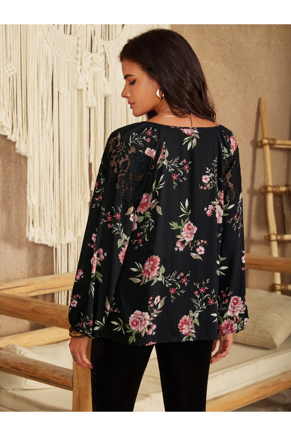 Flower Printed Tie Neck Long Sleeve Blouse - Blouses - FITGGINS