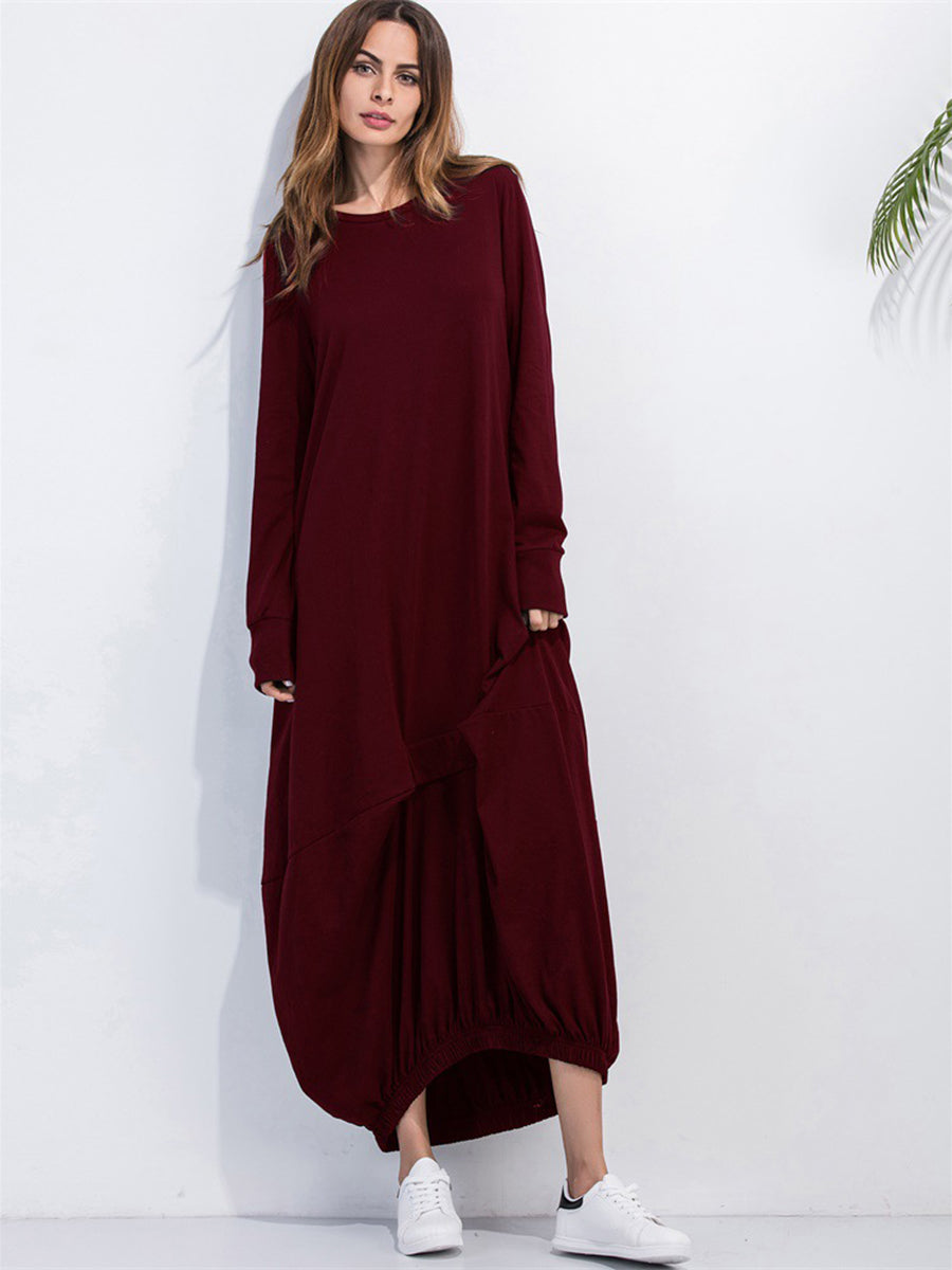 Full Size Round Neck Long Sleeve Sweatshirt Dress Burgundy Fitggins