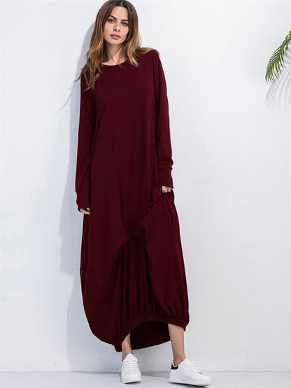 Full Size Round Neck Long Sleeve Sweatshirt Dress Burgundy Fitggins