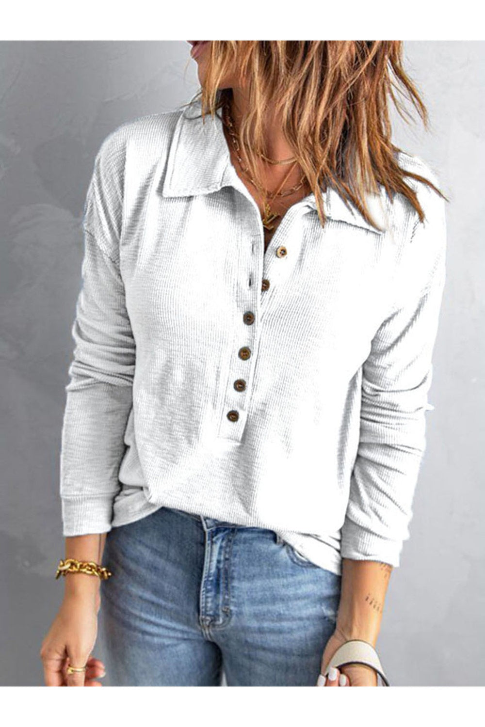 Collared Neck Half Button Top - Blouses - FITGGINS