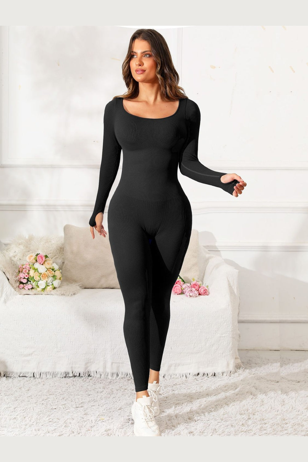 Scoop Neck Long Sleeve Active Jumpsuit - Active Set - FITGGINS