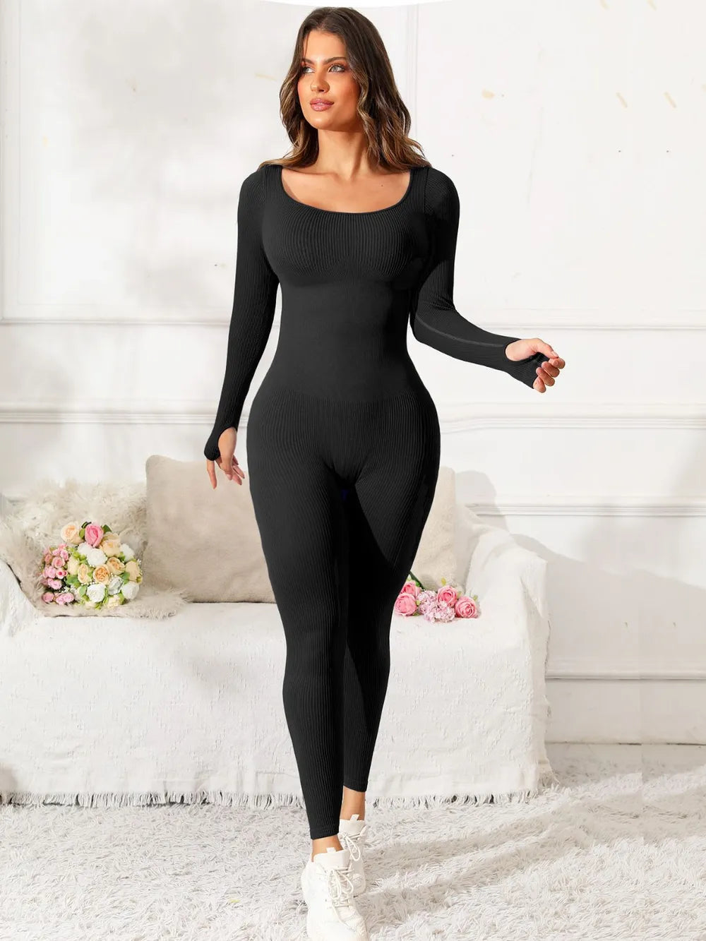 Scoop Neck Long Sleeve Active Jumpsuit Fitggins