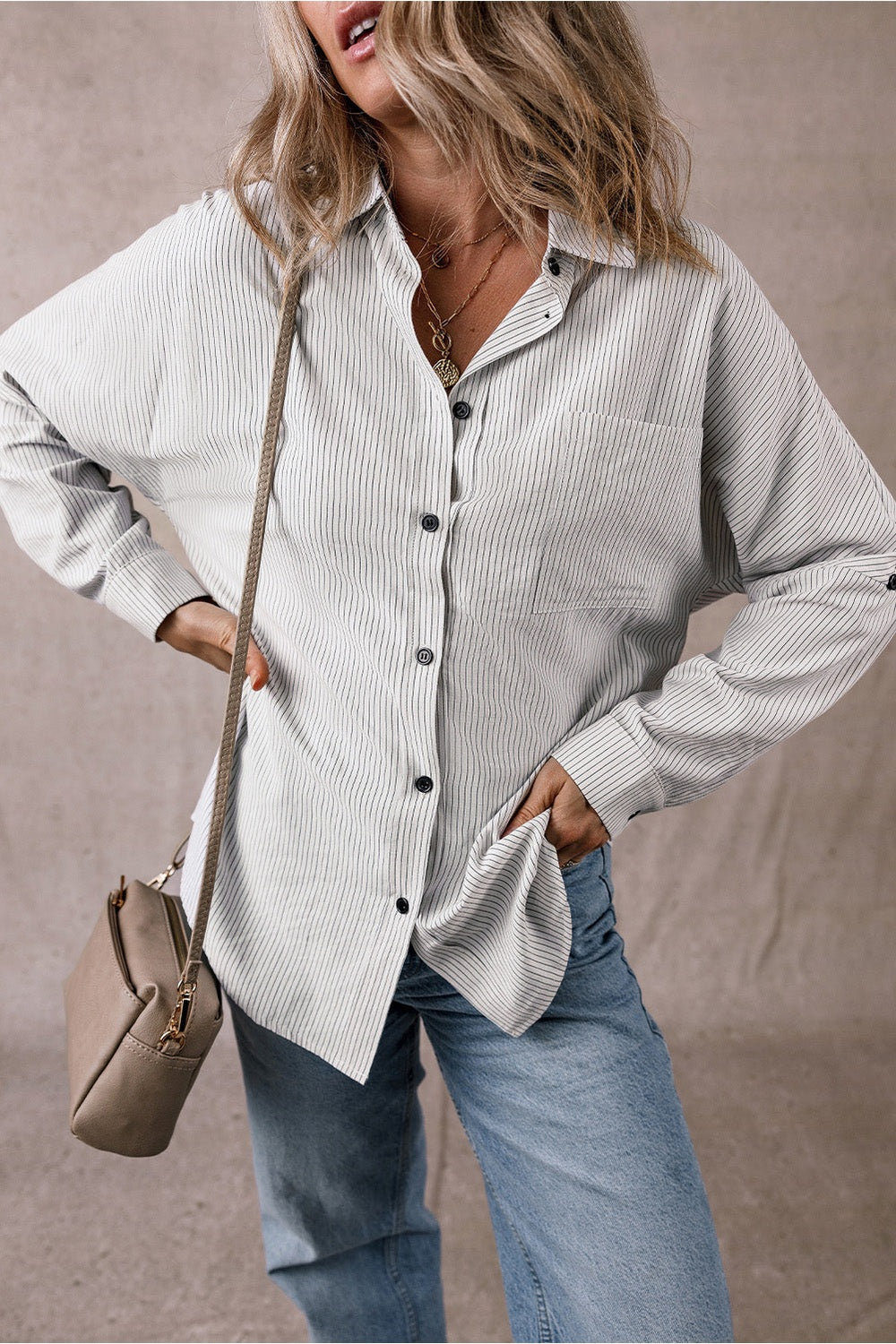 Pocketed Striped Collared Neck Long Sleeve Shirt - Shirts - FITGGINS