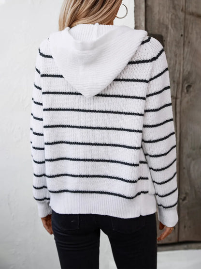Striped Button Up Long Sleeve Hooded Cardigan Fitggins