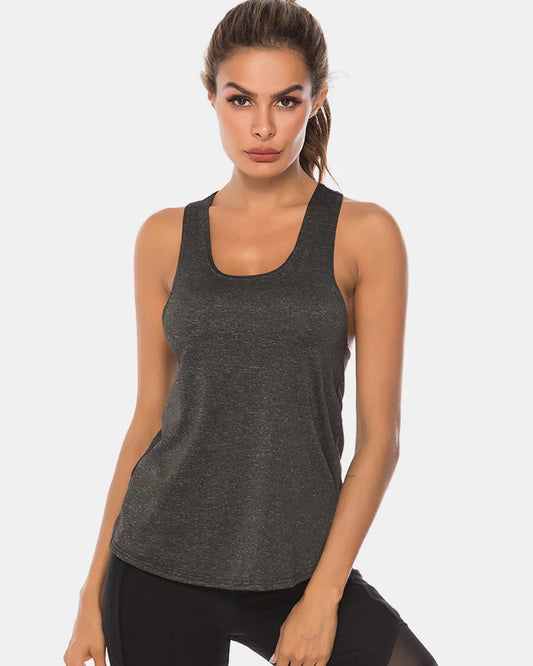 Full Size Scoop Neck Wide Strap Active Tank Black Fitggins