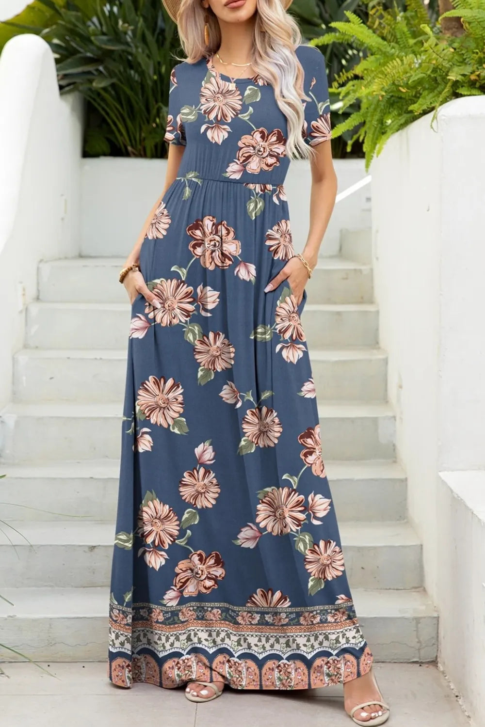 Printed Round Neck Short Sleeve Maxi Dress Dusty Blue Fitggins