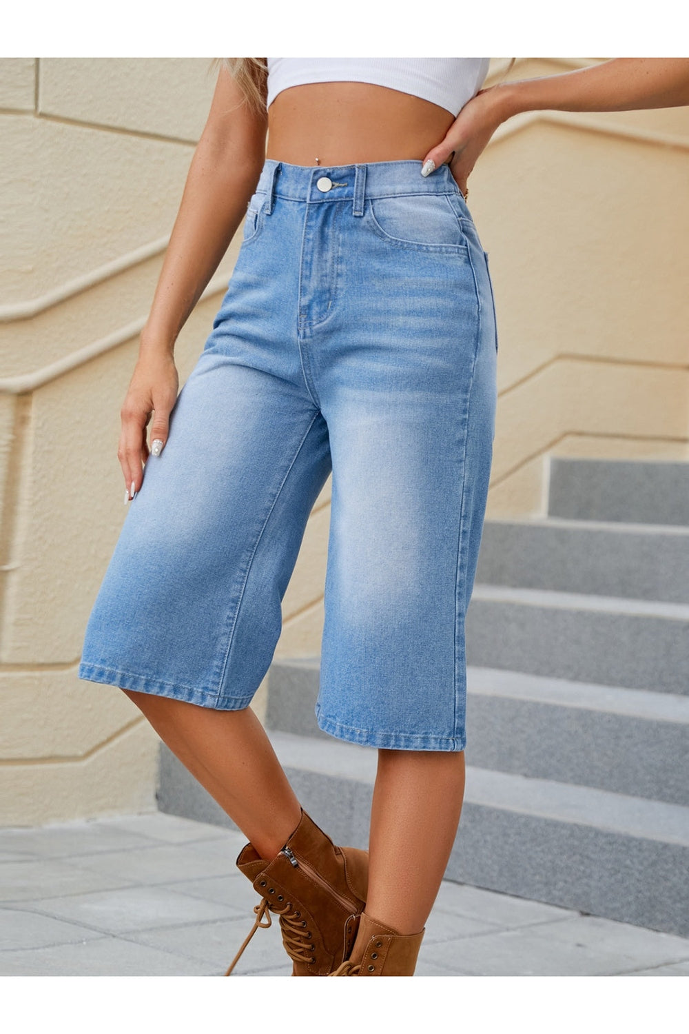 High Waist Denim Shorts with Pockets - Denim Shorts - FITGGINS