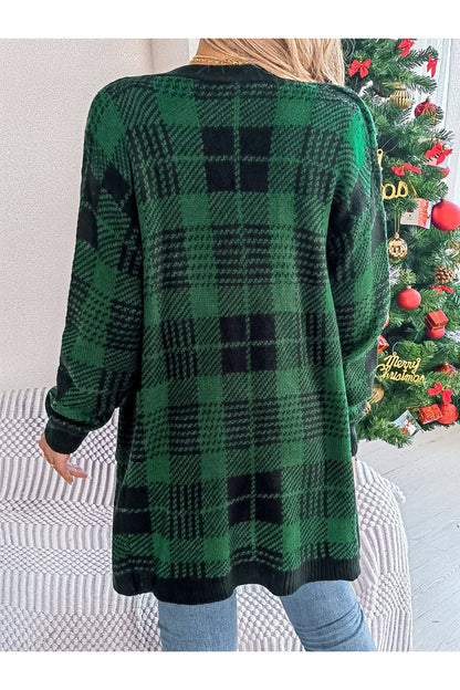 Plaid Open Front Long Sleeve Cardigan - Cardigans - FITGGINS