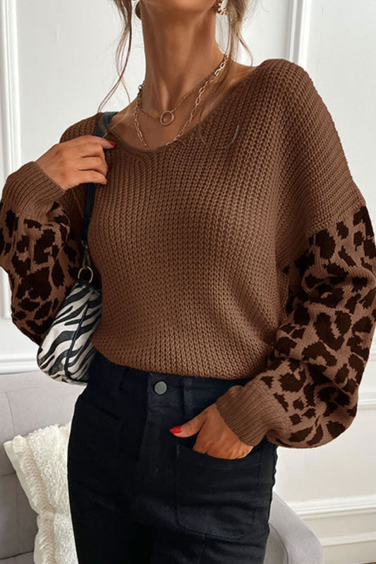 Perfee Leopard Sleeve Dropped Shoulder Sweater - Pullover Sweaters - FITGGINS