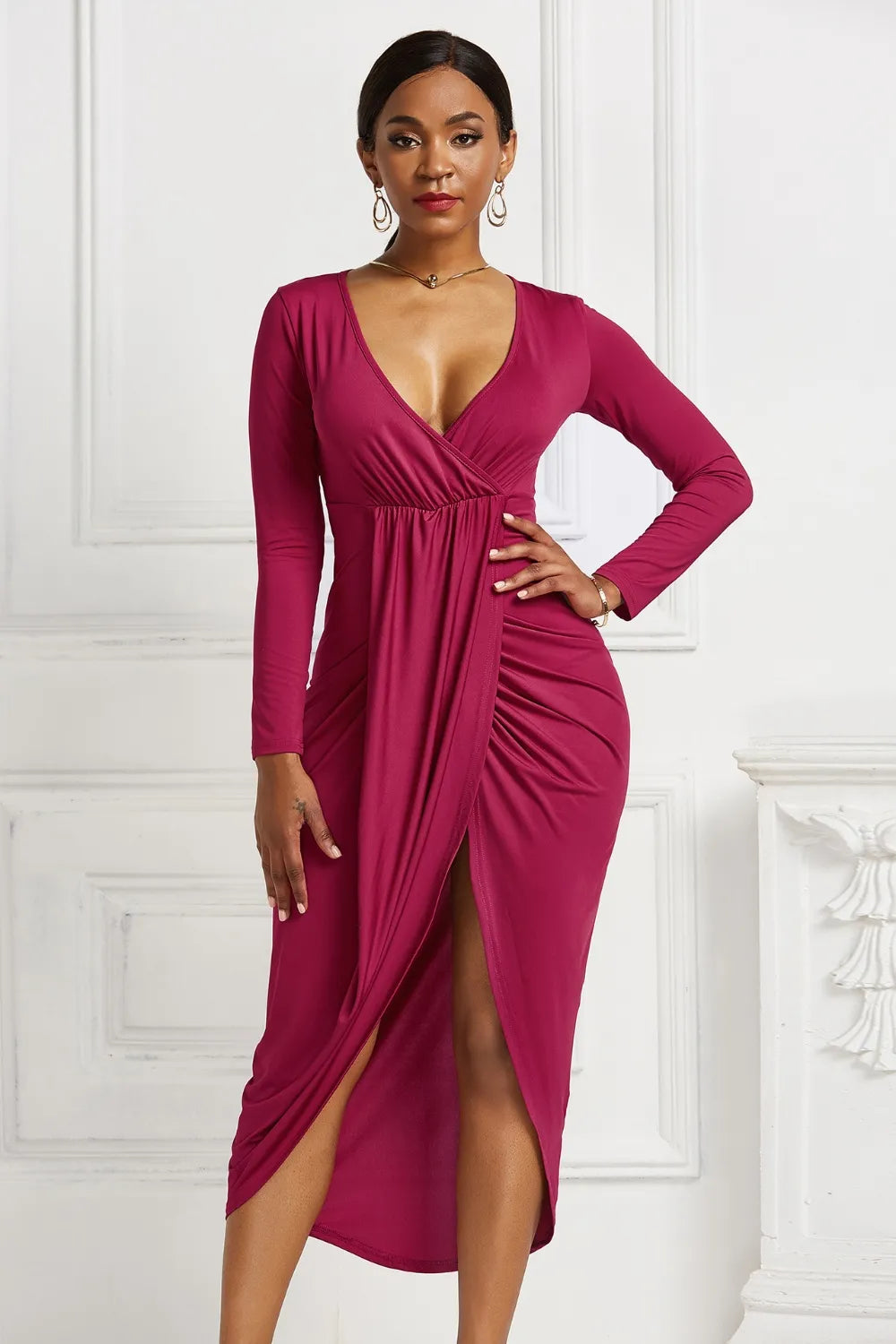 High-low Ruched Surplice Long Sleeve Dress Deep Rose Fitggins