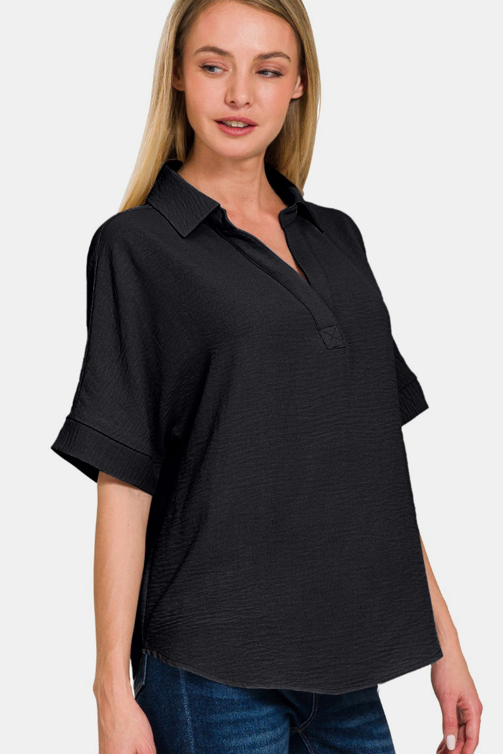 Zenana Full Size Texture Collared Neck Short Sleeve Top - Shirts - FITGGINS