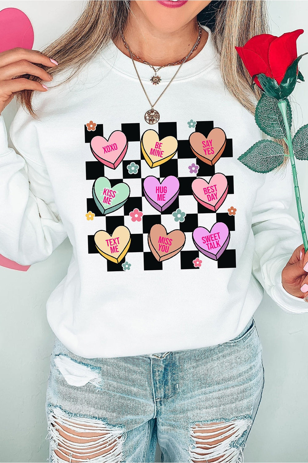 Valentine's Day Checkered Heart Long Sleeve Sweatshirt - Sweatshirts & Hoodies - FITGGINS