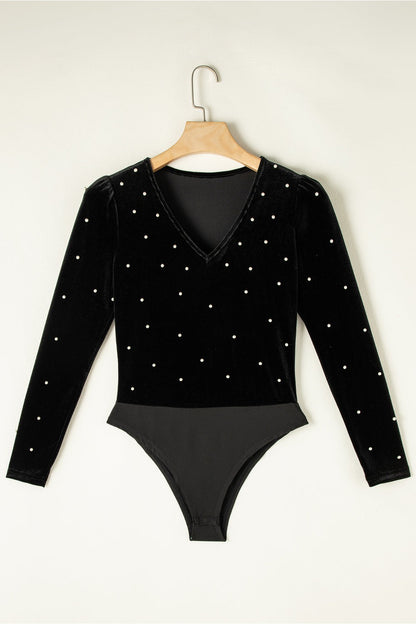 Pearl Detail Velvet V-Neck Long Sleeve Bodysuit - Bodysuit - FITGGINS