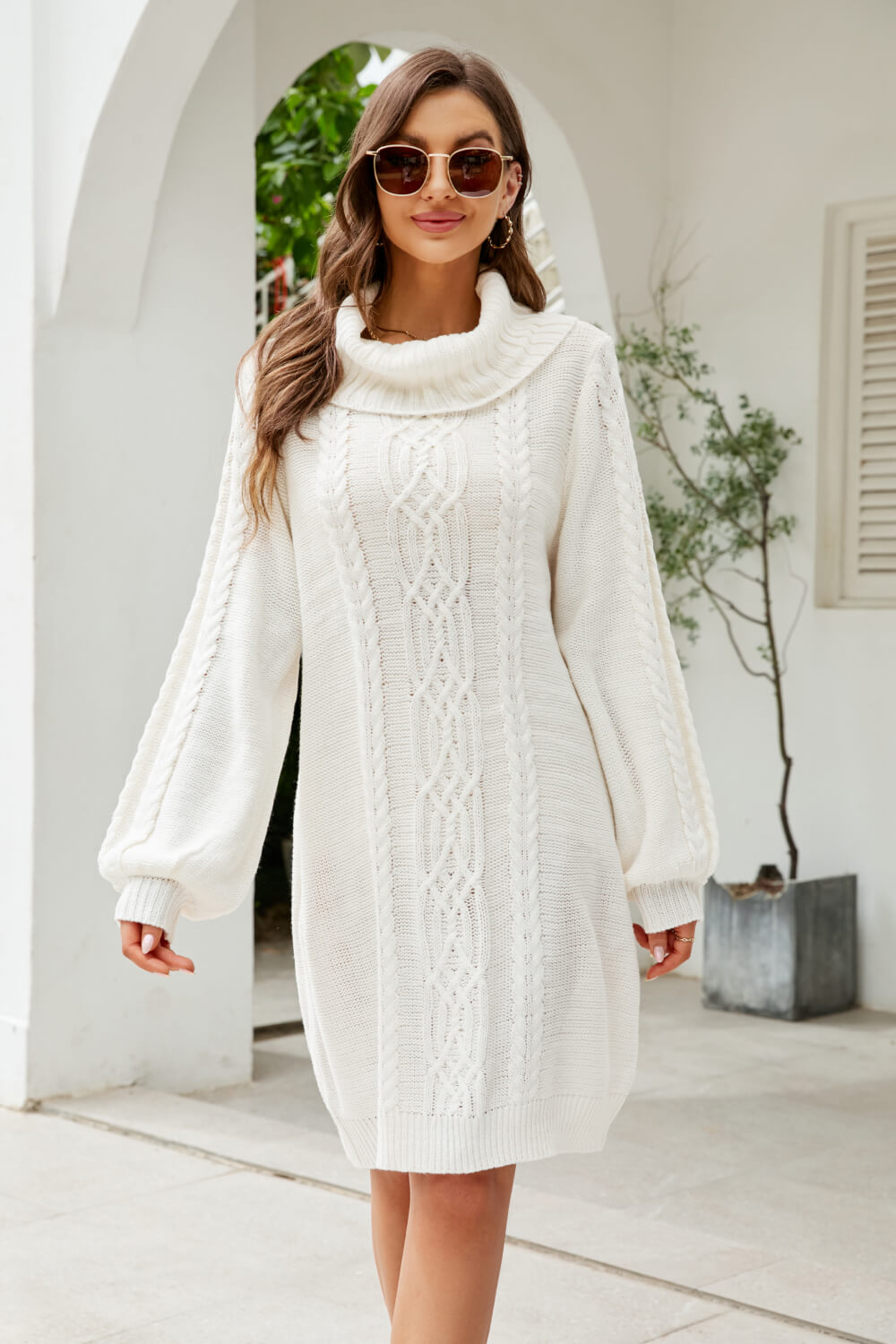 Woven Right Mixed Knit Turtleneck Lantern Sleeve Sweater Dress - Sweater Dresses - FITGGINS