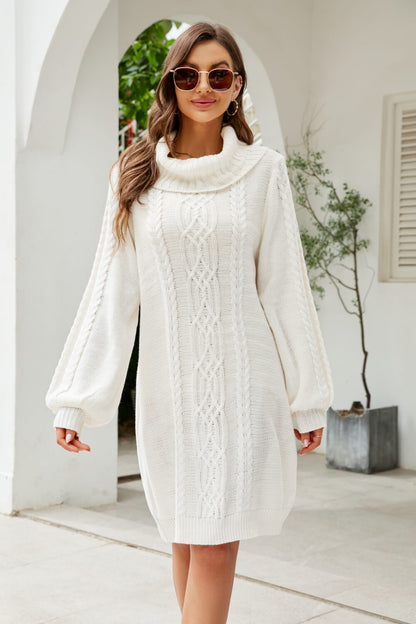 Woven Right Mixed Knit Turtleneck Lantern Sleeve Sweater Dress - Sweater Dresses - FITGGINS