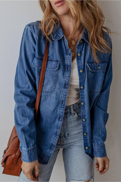 Button Up Long Sleeve Denim Jacket - Denim Jackets - FITGGINS