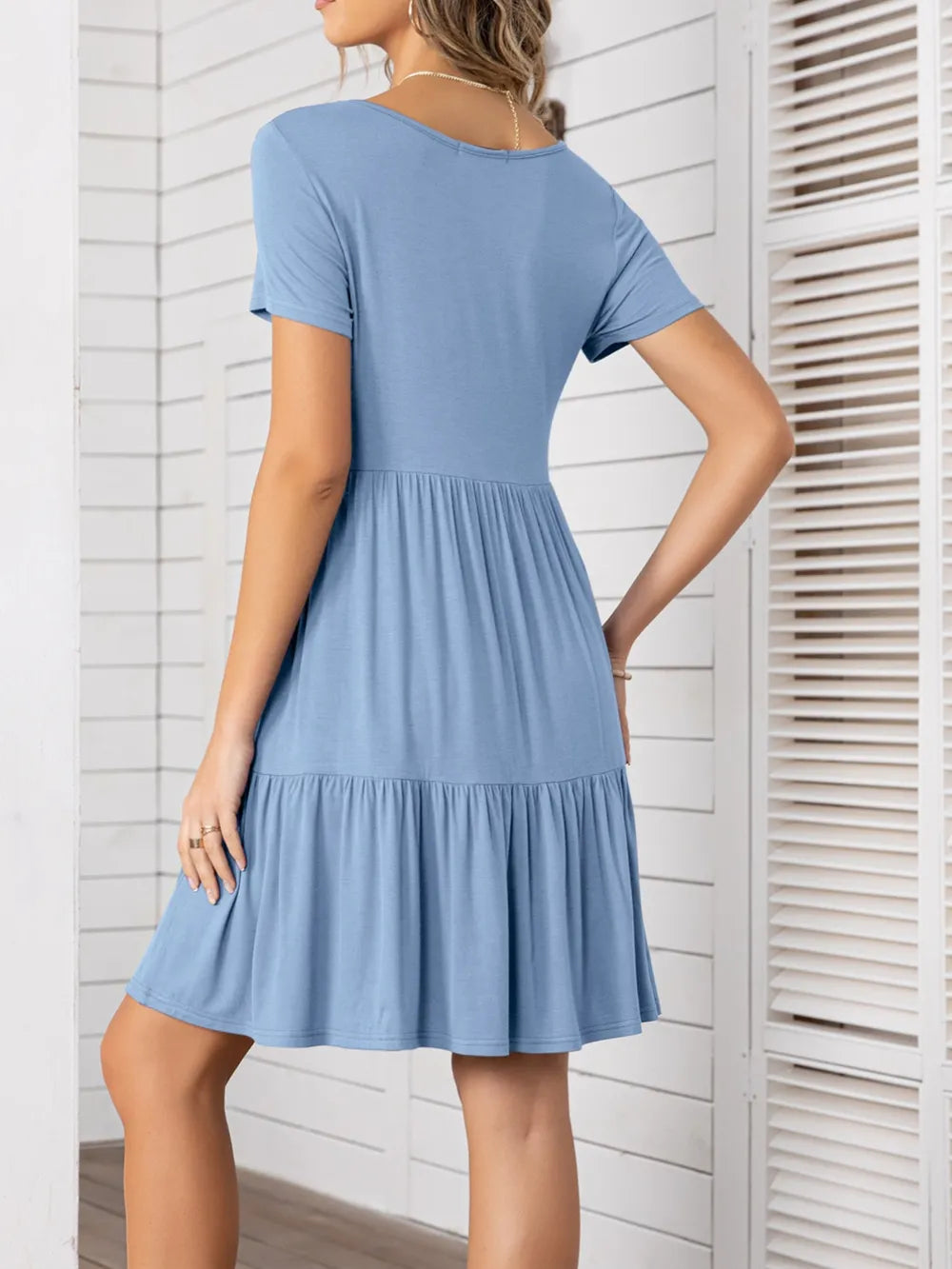 Round Neck Short Sleeve Mini Tee Dress Light Blue Fitggins