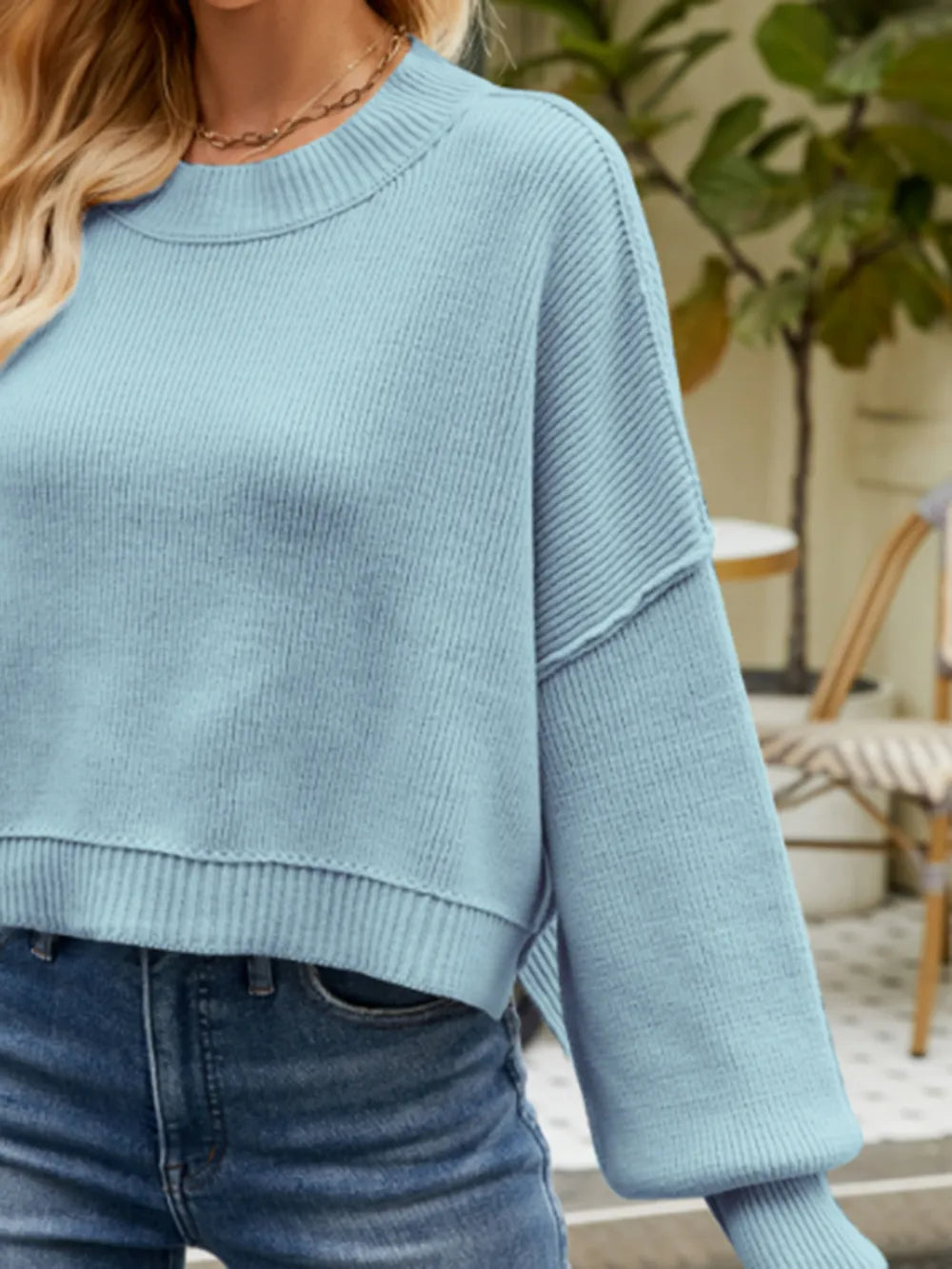 Round Neck Lantern Sleeve Sweater Fitggins