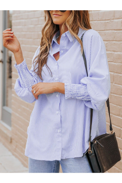 Striped Collared Neck Lantern Sleeve Shirt - Shirts - FITGGINS