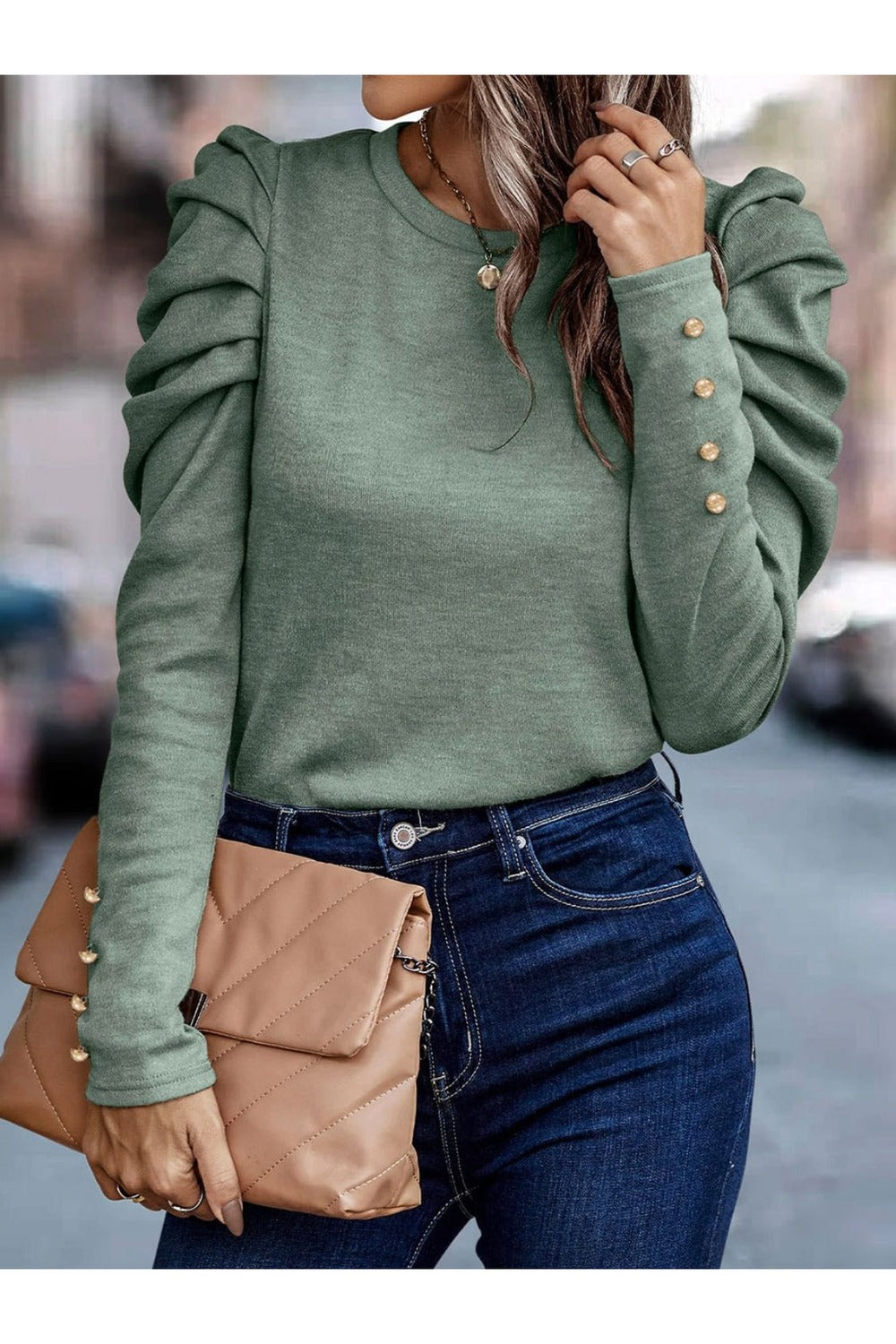 Round Neck Puff Sleeve Sleeve Blouse - Blouses - FITGGINS