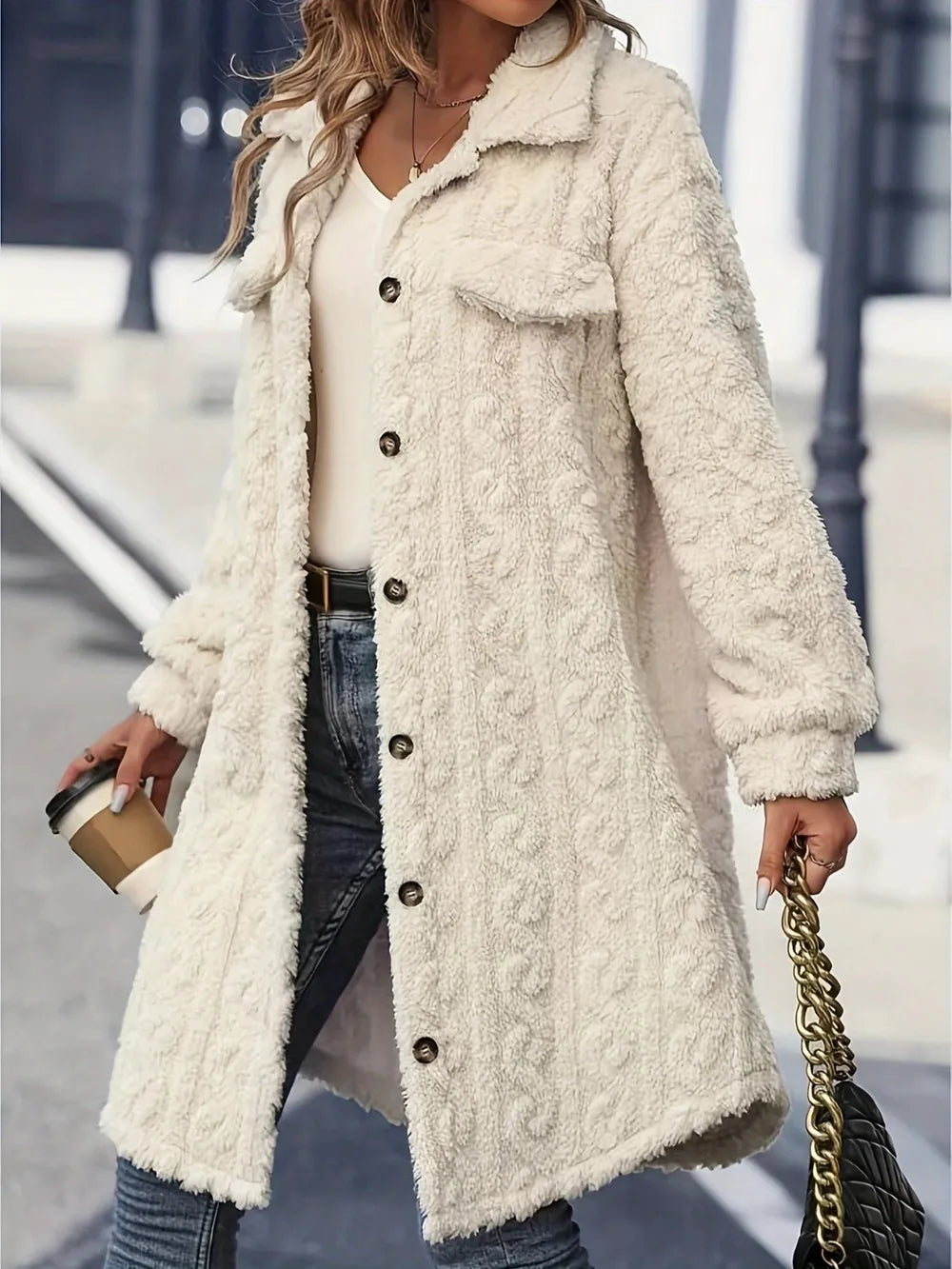Fuzzy Button Up Long Sleeve Longline Coat Fitggins