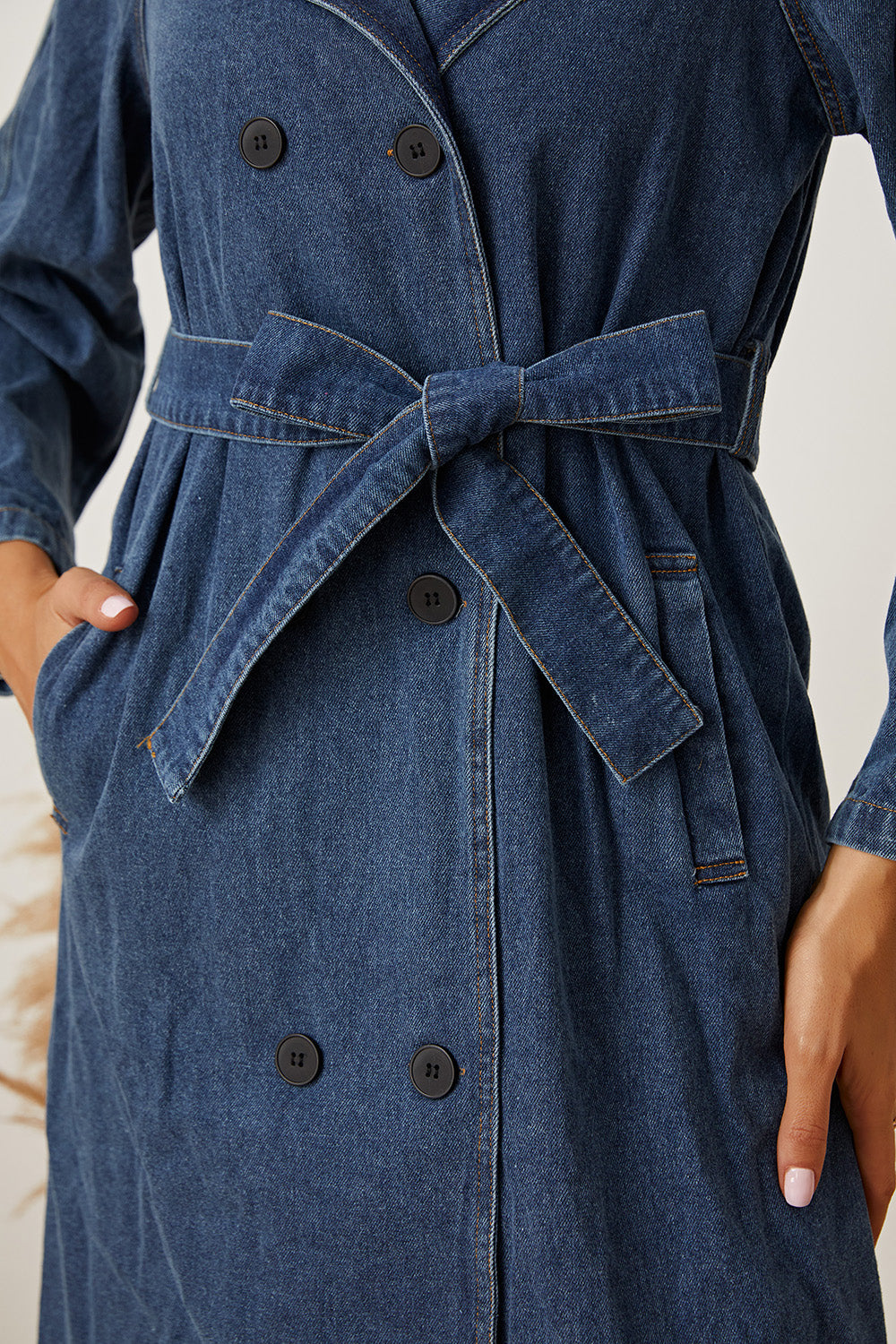 Double-Breasted Belted Longline Denim Jacket - Denim Jackets - FITGGINS