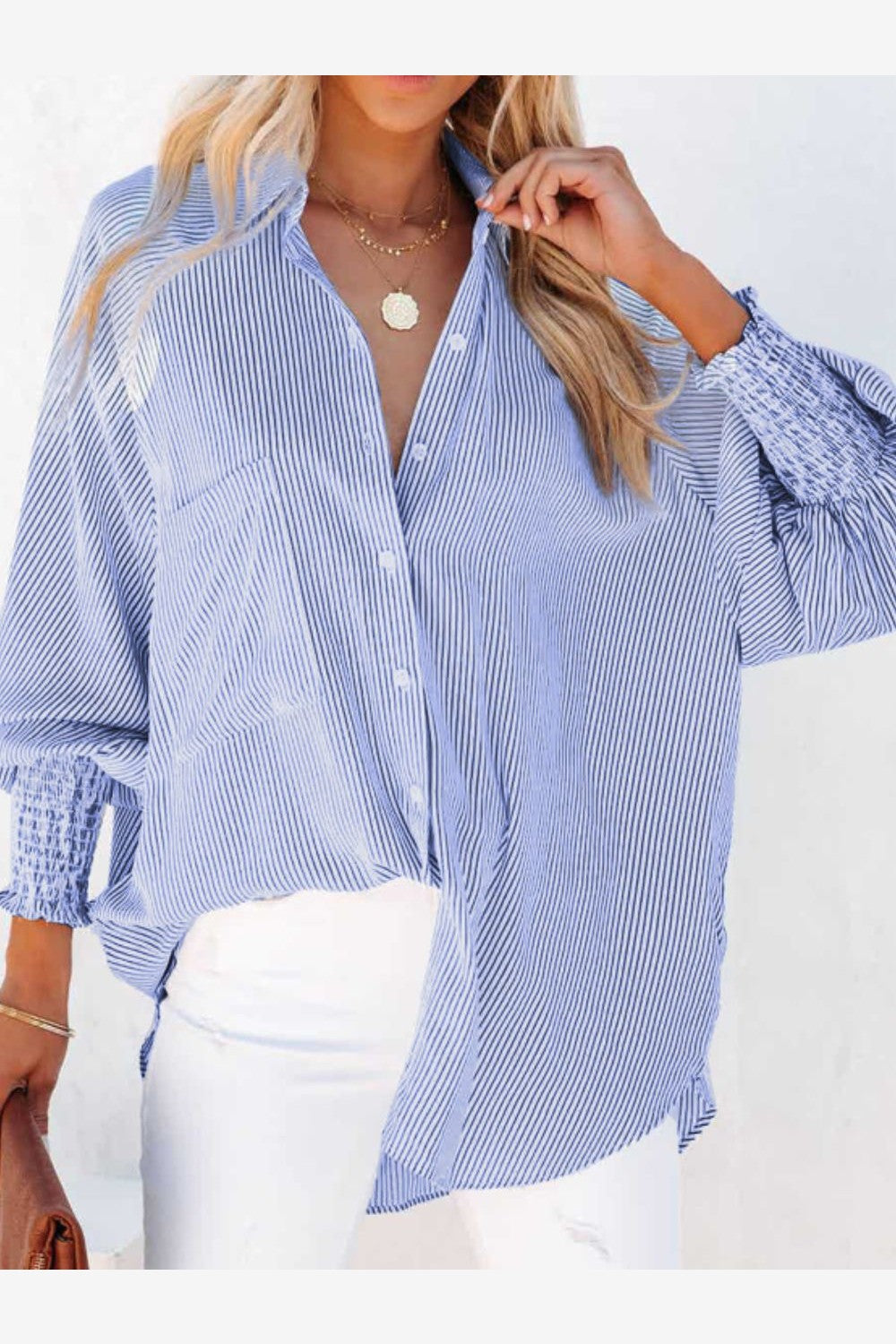 Striped Collared Neck Lantern Sleeve Shirt - Shirts - FITGGINS