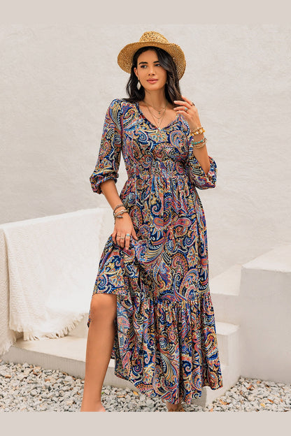 Printed Tie Neck Long Sleeve Midi Dress - Casual & Maxi Dresses - FITGGINS