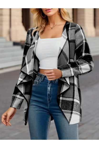 Plaid Open Front Long Sleeve Jacket - Jackets - FITGGINS