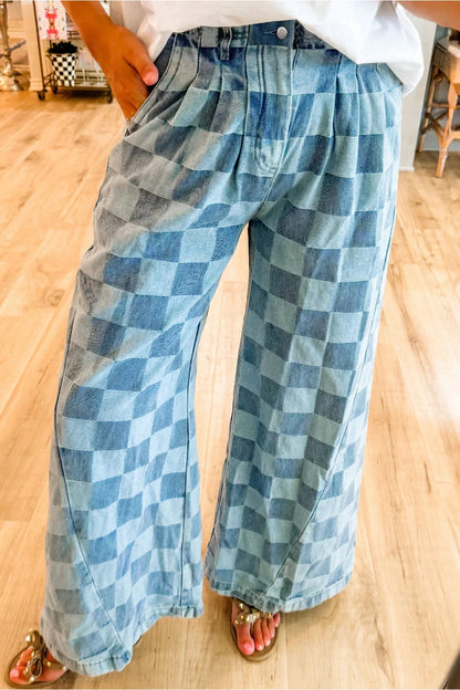 Checkered Wide Leg Jeans with Pockets - Jeans - FITGGINS